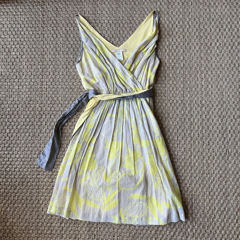 VTG Hype Silk Dress Y2K Yellow & Gray A-Line V-Neck Fit & Flare Womens 4